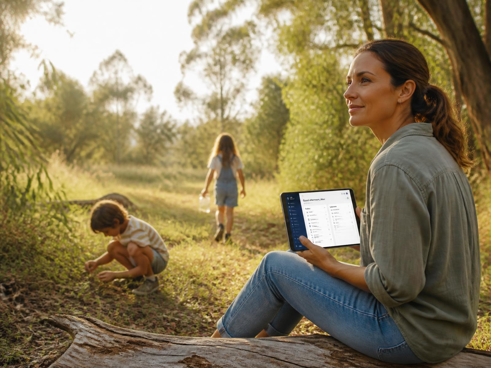 A parent planning on a tablet on a log while two children explore a sunlit bushland clearing