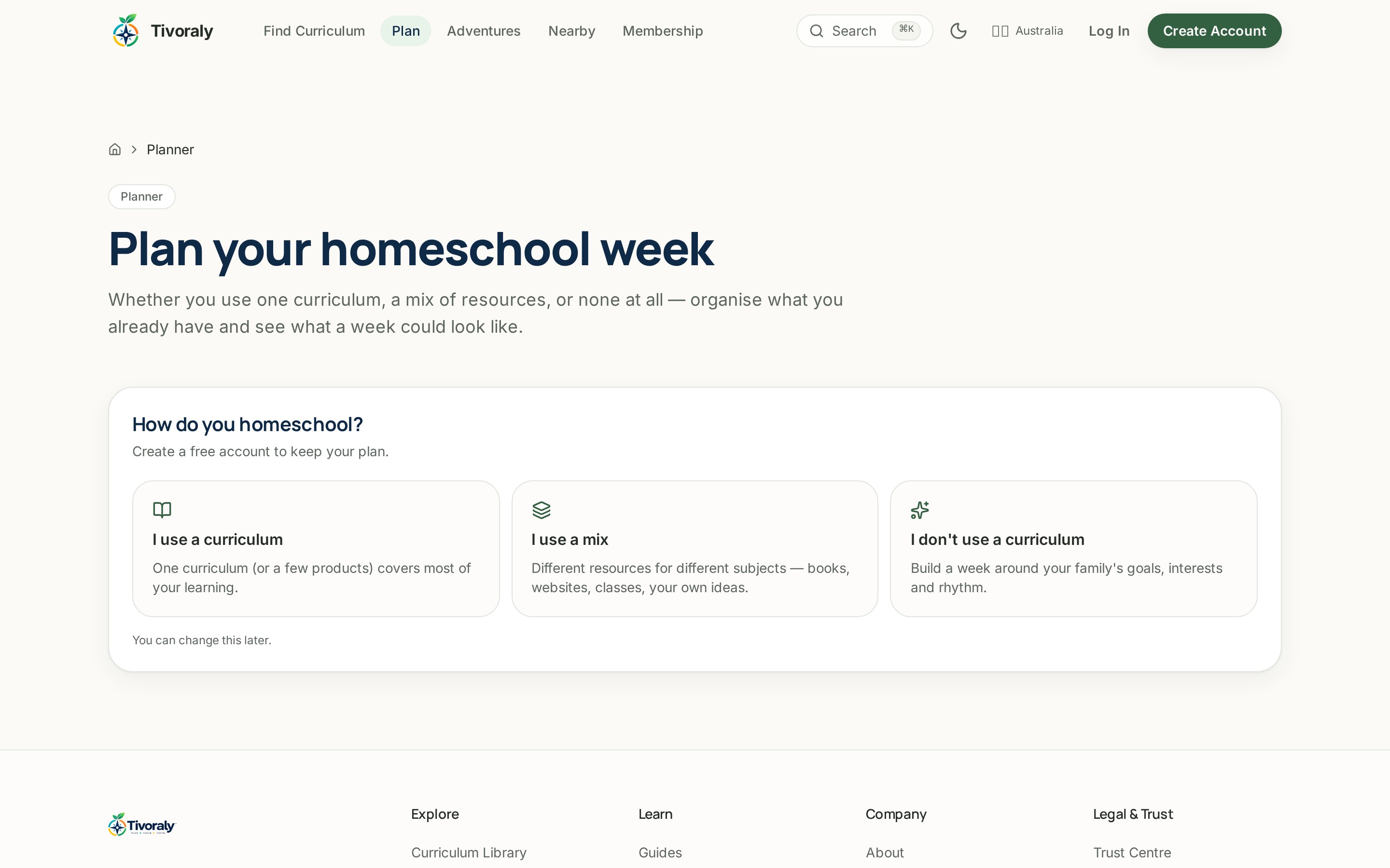 Planner screen showing a homeschool plan, estimated cost and weekly prep, and a list of what may still be missing